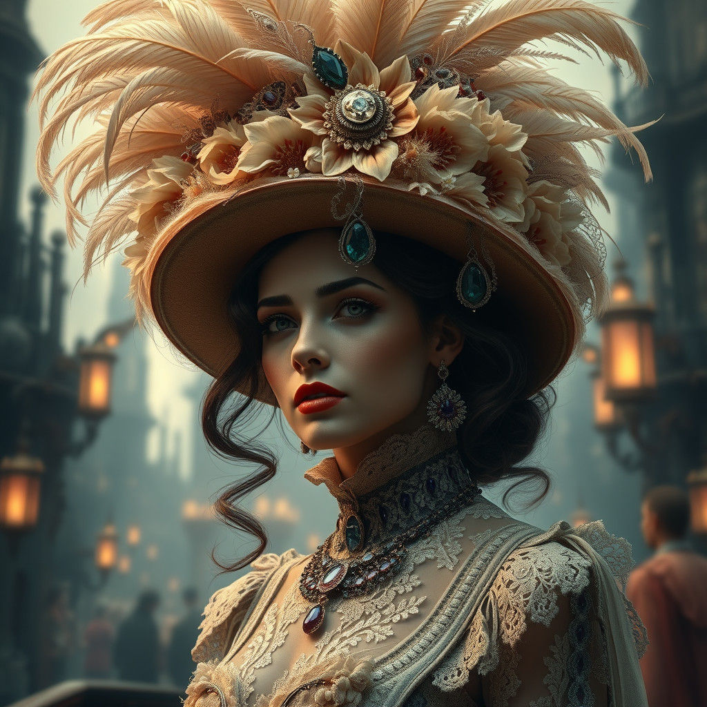 Victorian Woman with Elaborate Feathered Hat