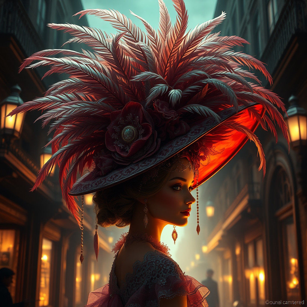 Ornate Feathered Hat in Mystical Victorian Streetscape