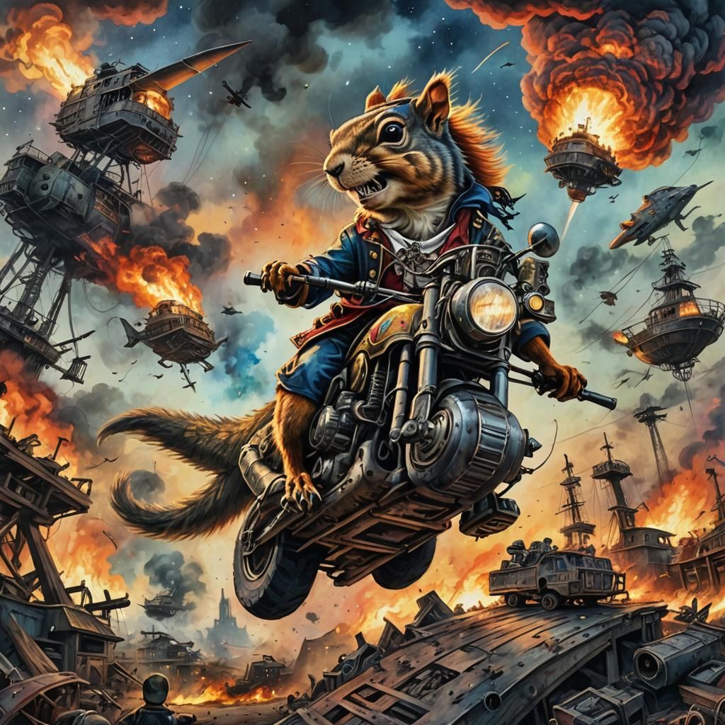 Pirate Squirrel Rides T-Rex in Vibrant Watercolor