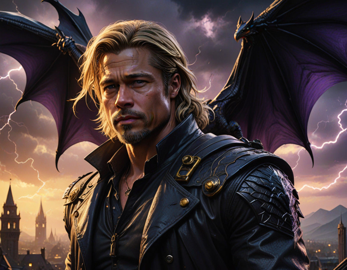 Brad Pitt as Dark Fantasy Warrior on a Cobra Bat with Dragon...