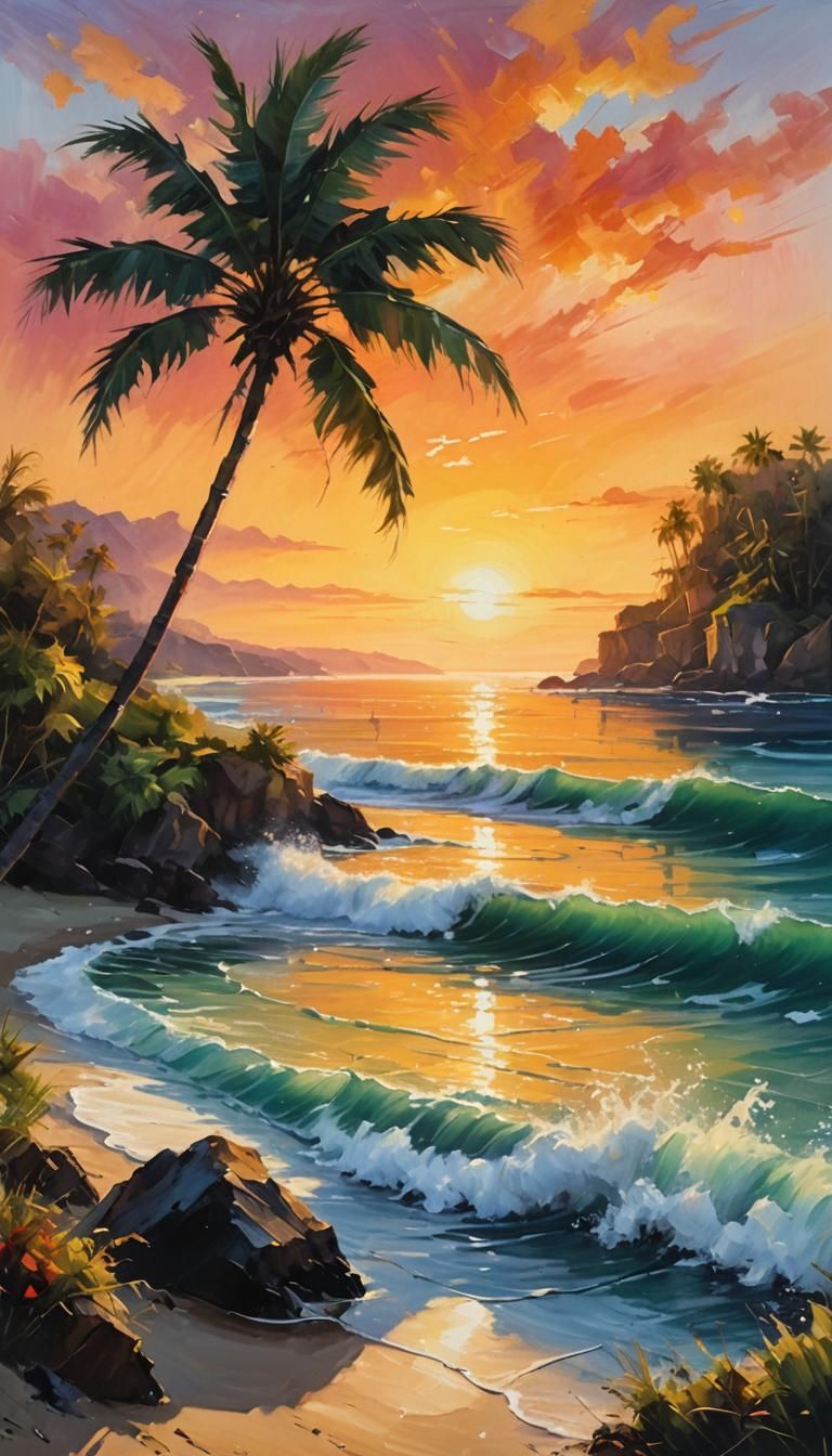 Surreal Seascape: Dreamlike Tropical Beach Oil Painting