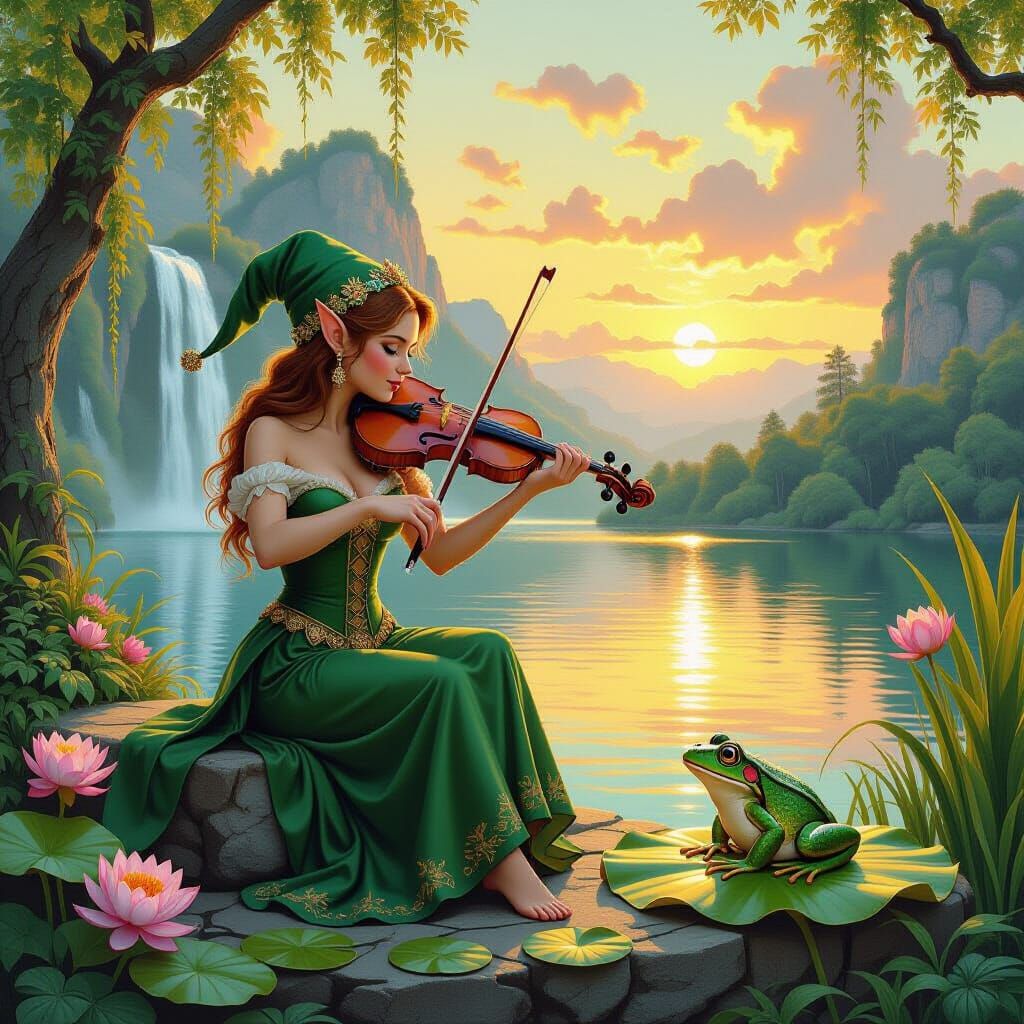 Elf Serenades Frog with Violin at Sunset