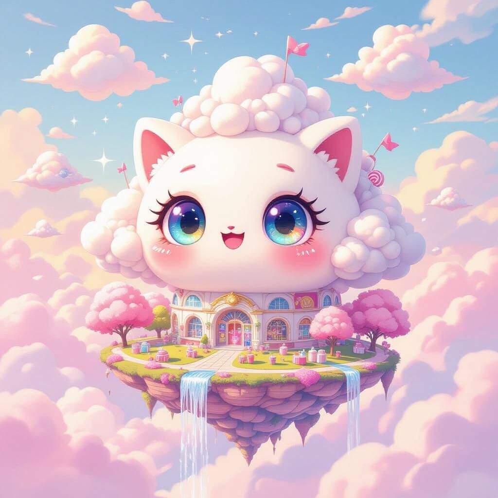 Kawaii Cloud City in Pastel Sky, Digital Art