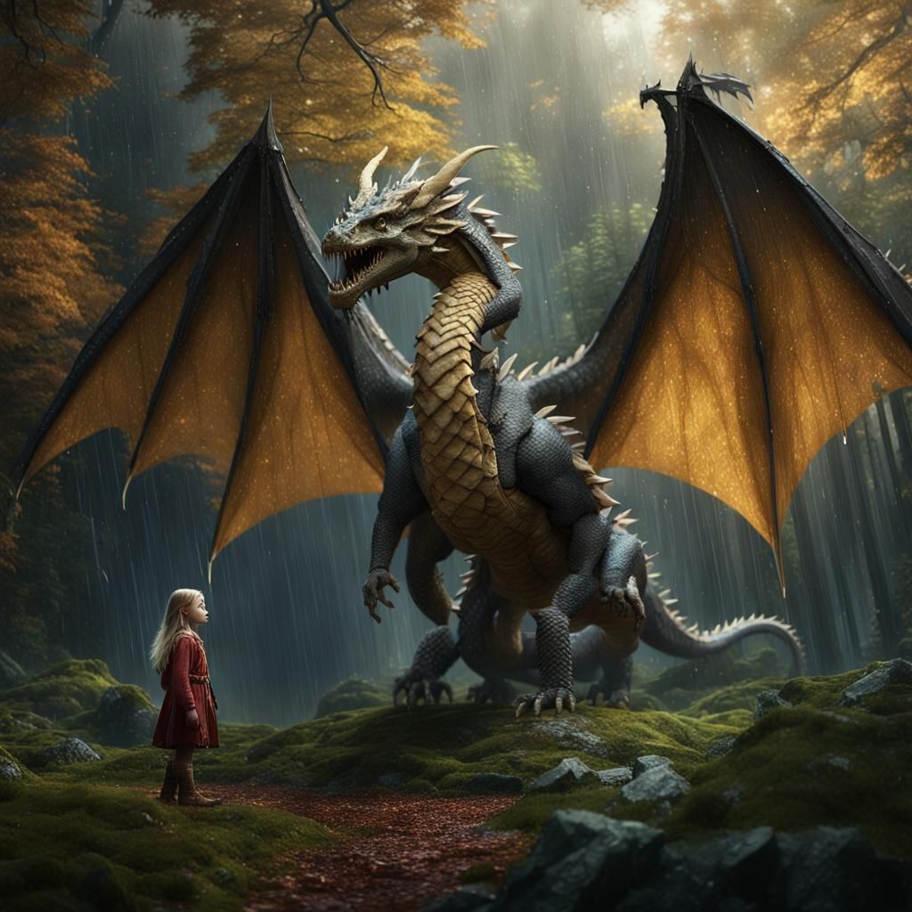 Dragon Protects Girl in Rainy Forest