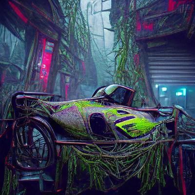 Cyberpunk Racing Car Covered in Moss and Vines