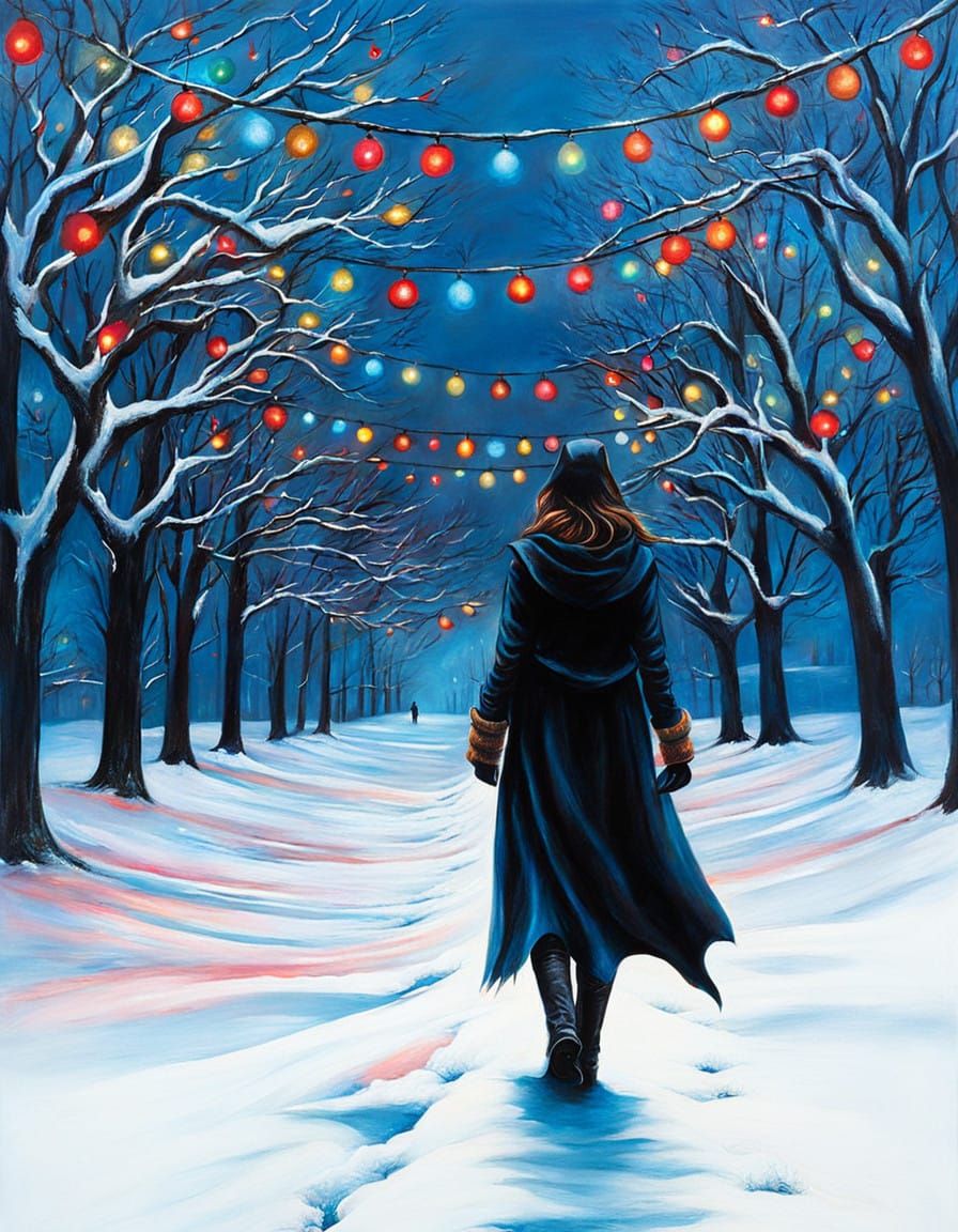Ethereal Woman Strolls Through a Vibrant Winter Wonderland