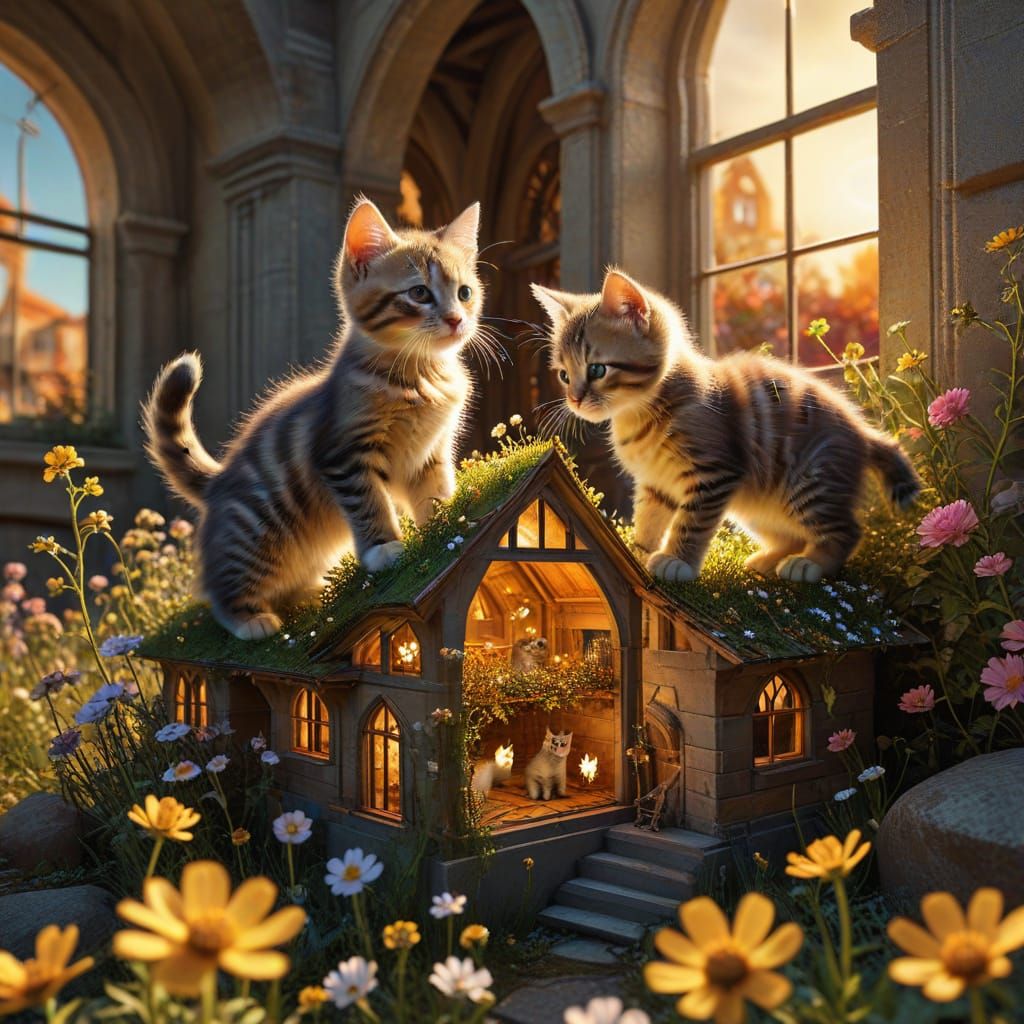 Kittens Play in Impossible Architecture, Escher-Inspired