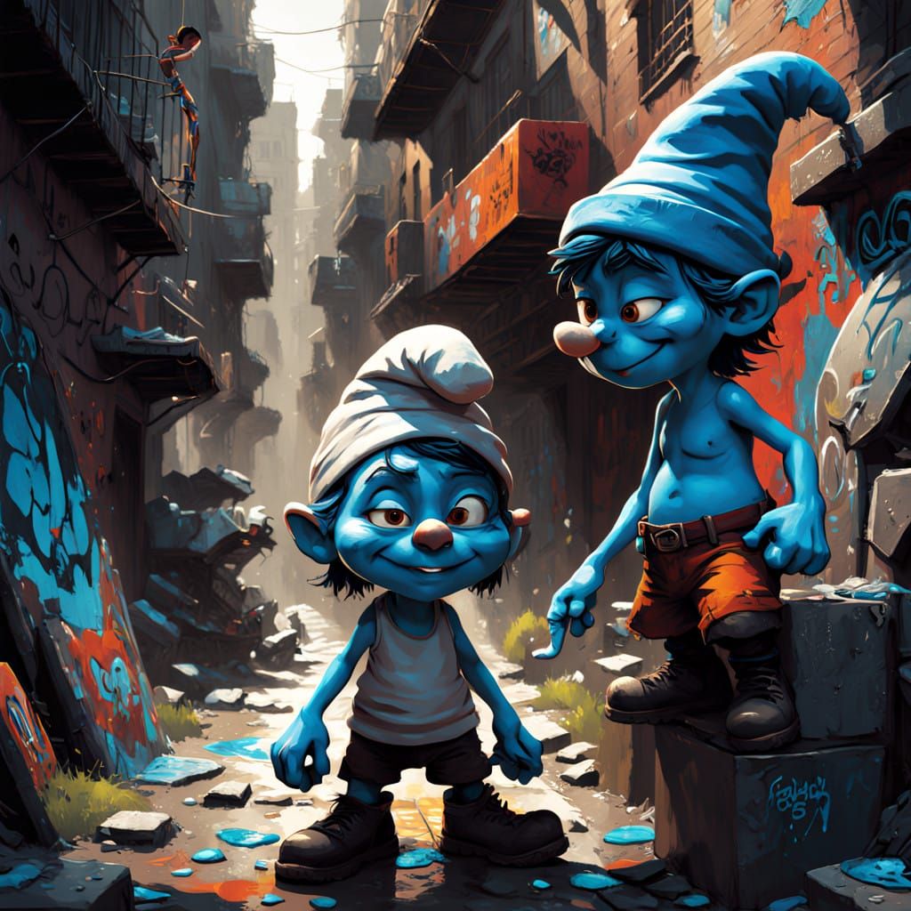 Smurf Gangsters in Gritty Urban Alleyway