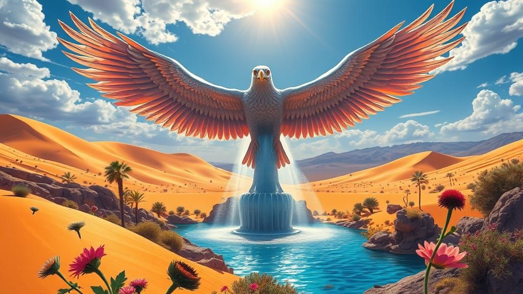 Eagle Fountain Oasis in Comic Book Art Style
