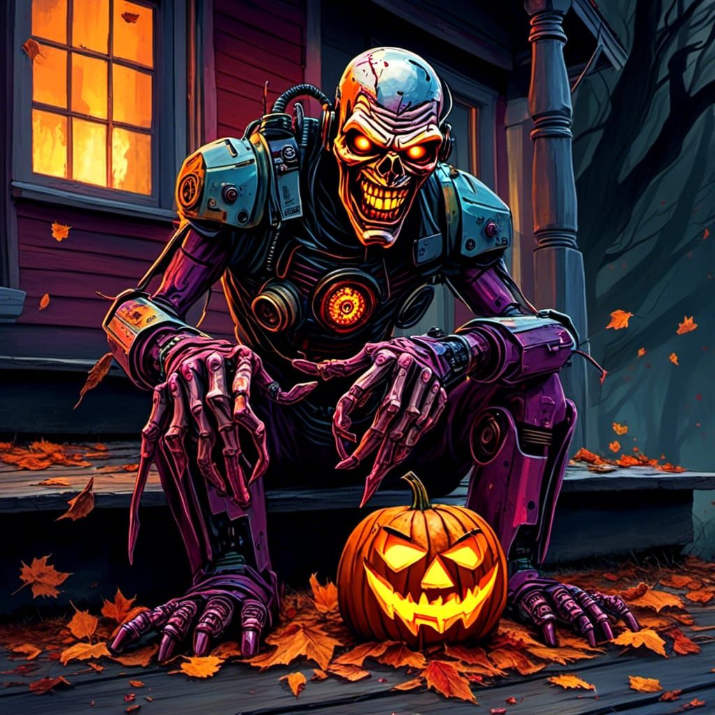 Glowing Jack-o'-Lantern on Porch with Techno Zombie Flair