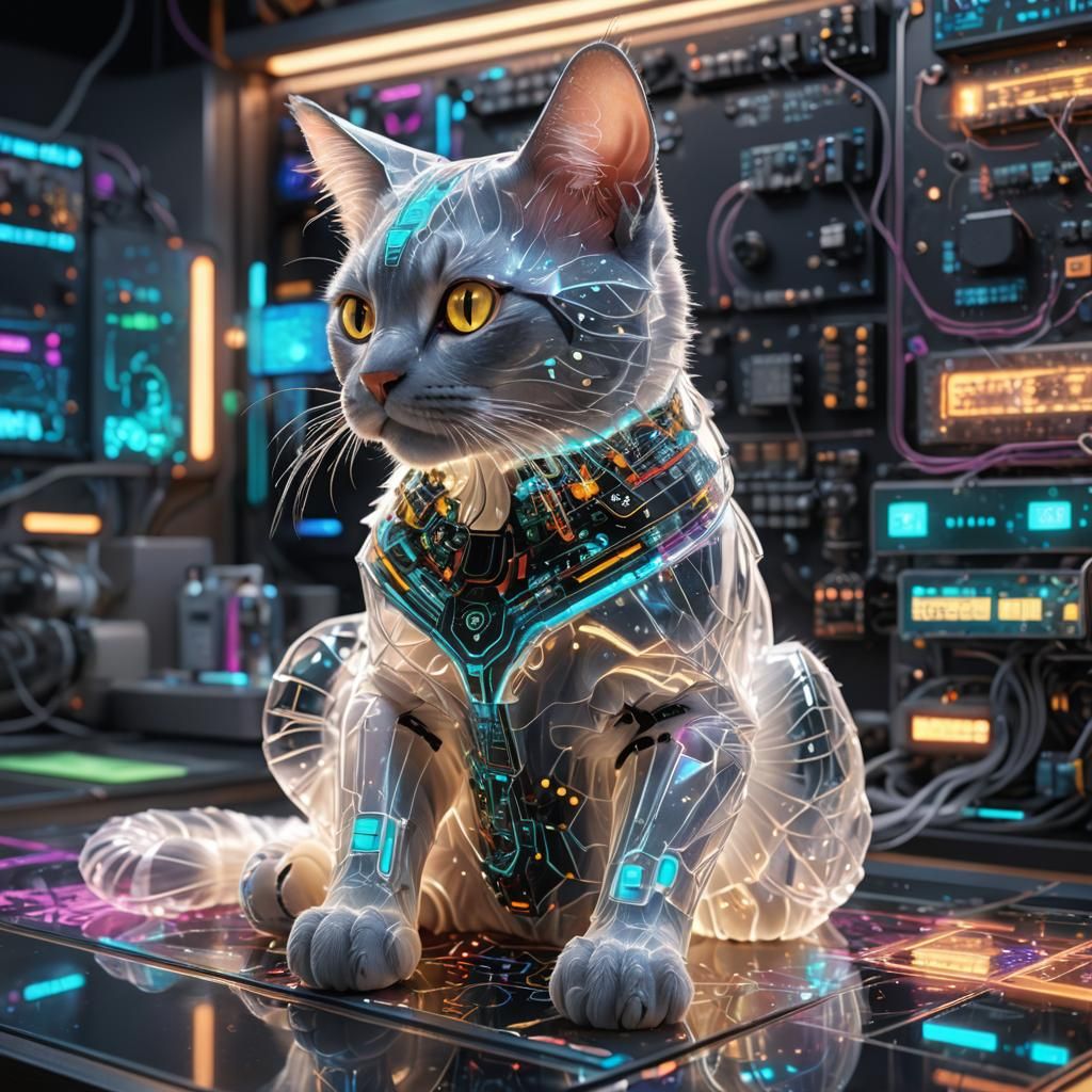 Bioluminescent Circuit Cat in Hyperrealistic 3D Render