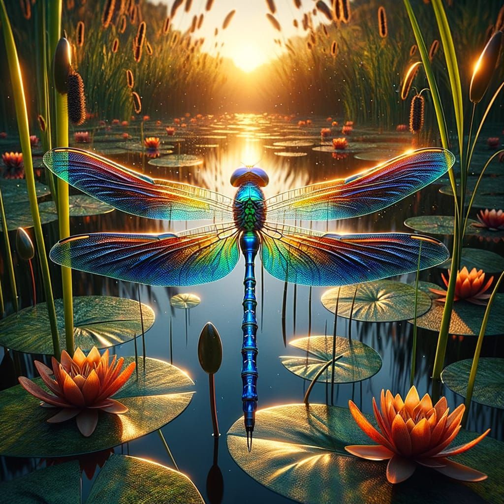 Hyper-Realistic Blue Dragonfly at Sunset Lakeside