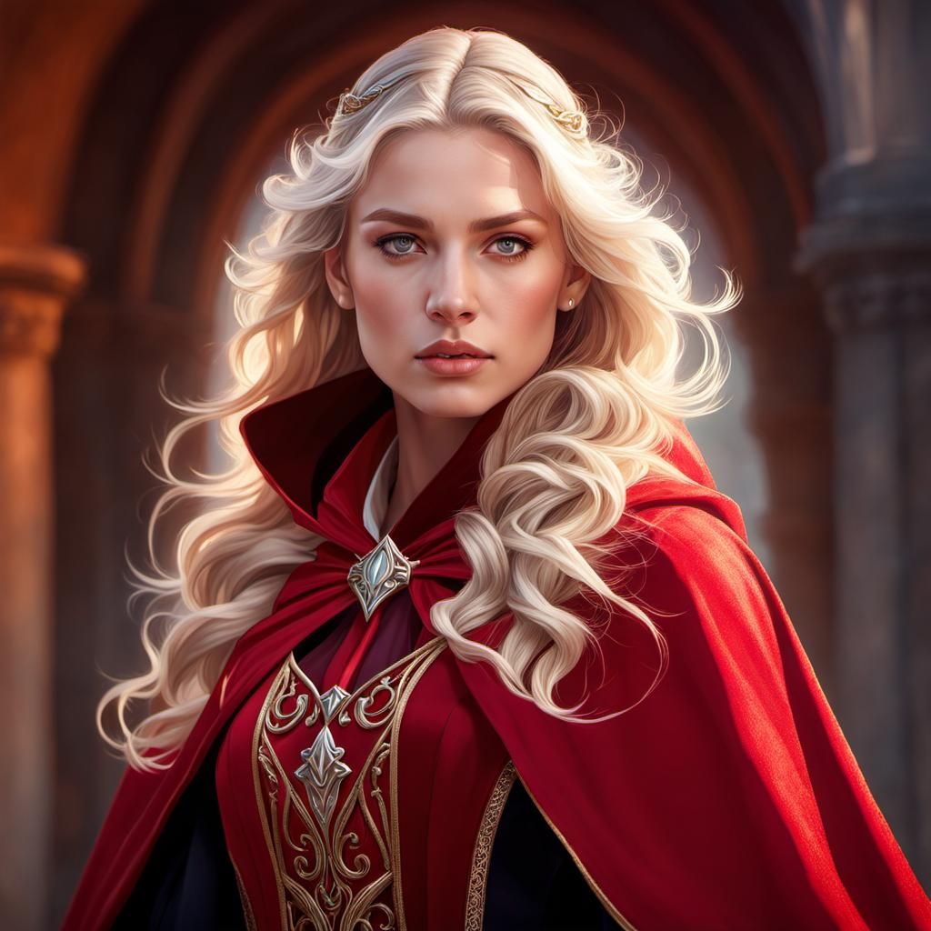 Ethereal Woman in Red Cloak: Fantasy Portrait