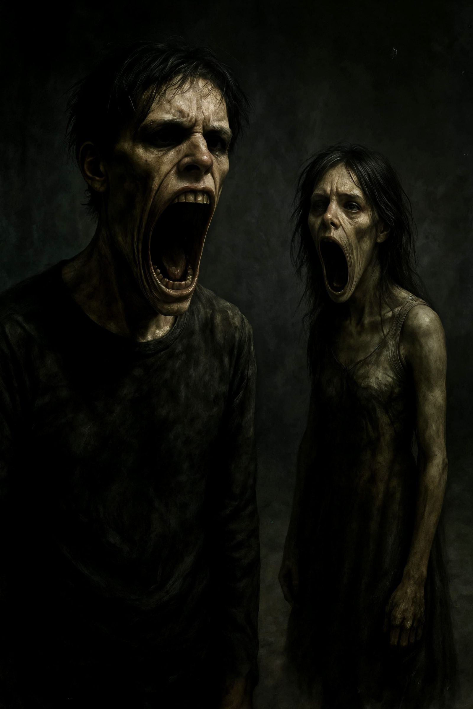 Photorealistic Horror: Distorted Figures in Desolate Space