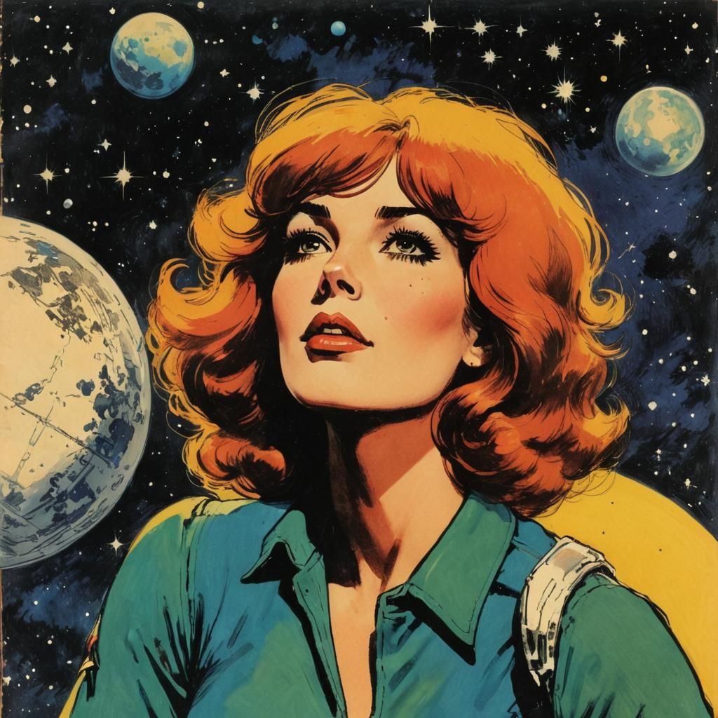 Hopeful Space Girl in 1970s Comic Style