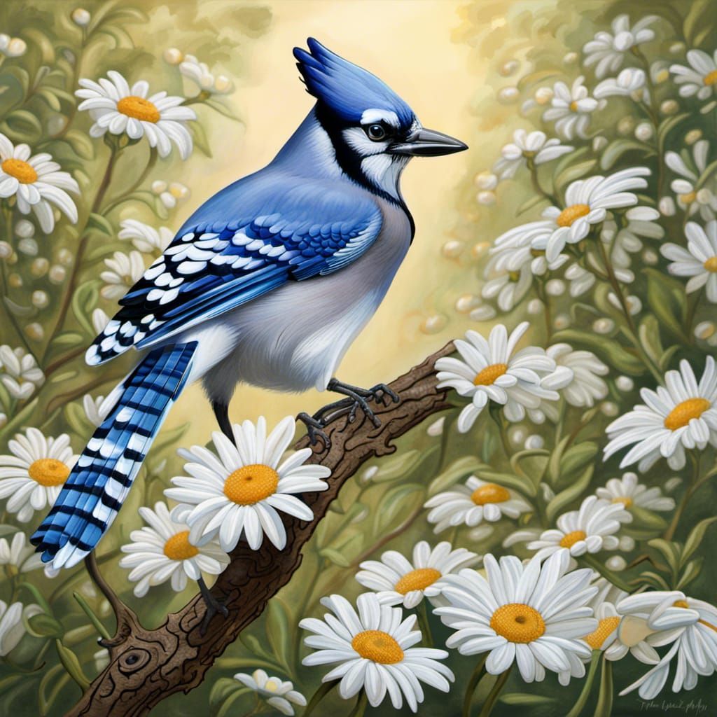 Blue Jay Among Daisies: A Realistic Bird Portrait
