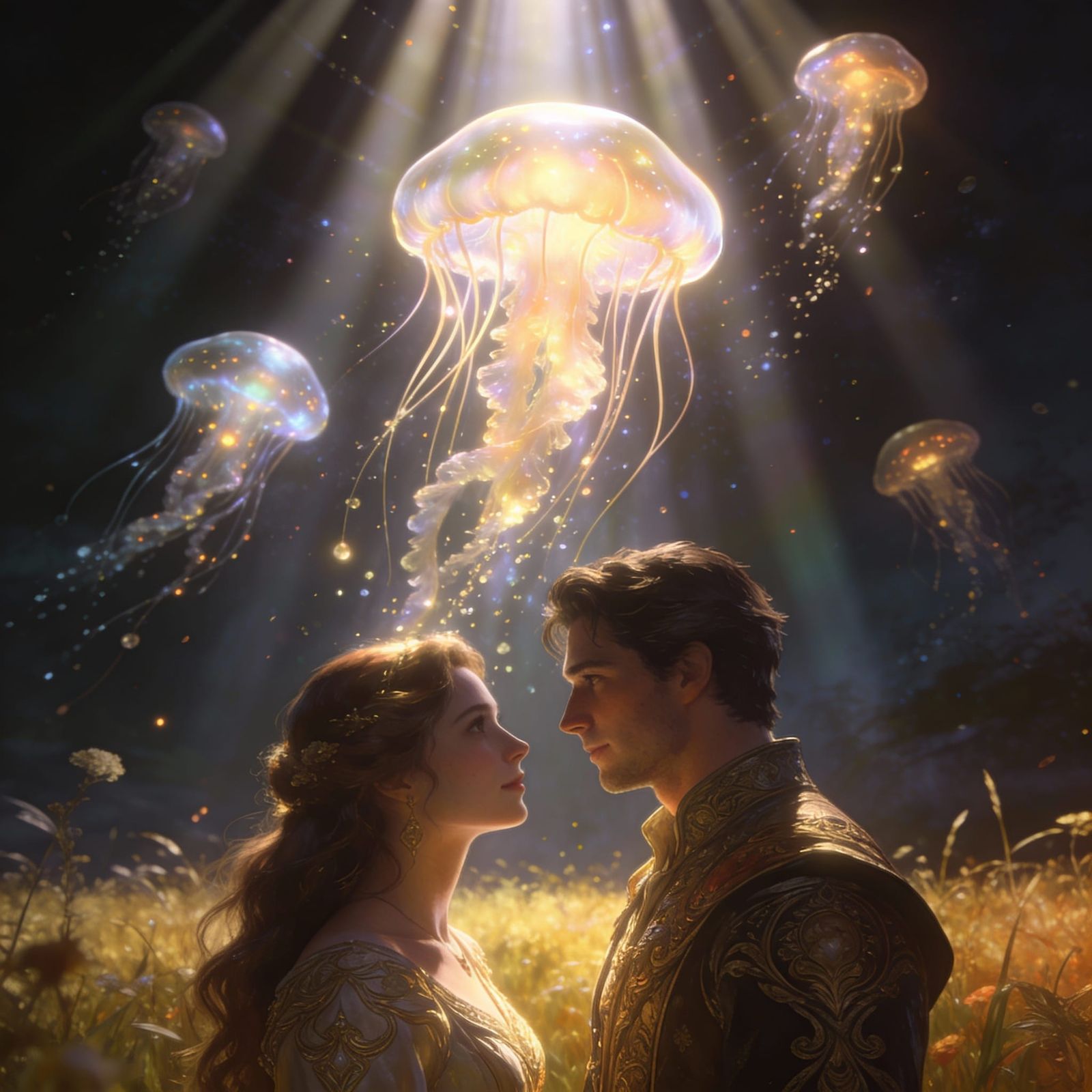 Couple Gazing Under Ethereal Glowing Jellyfish