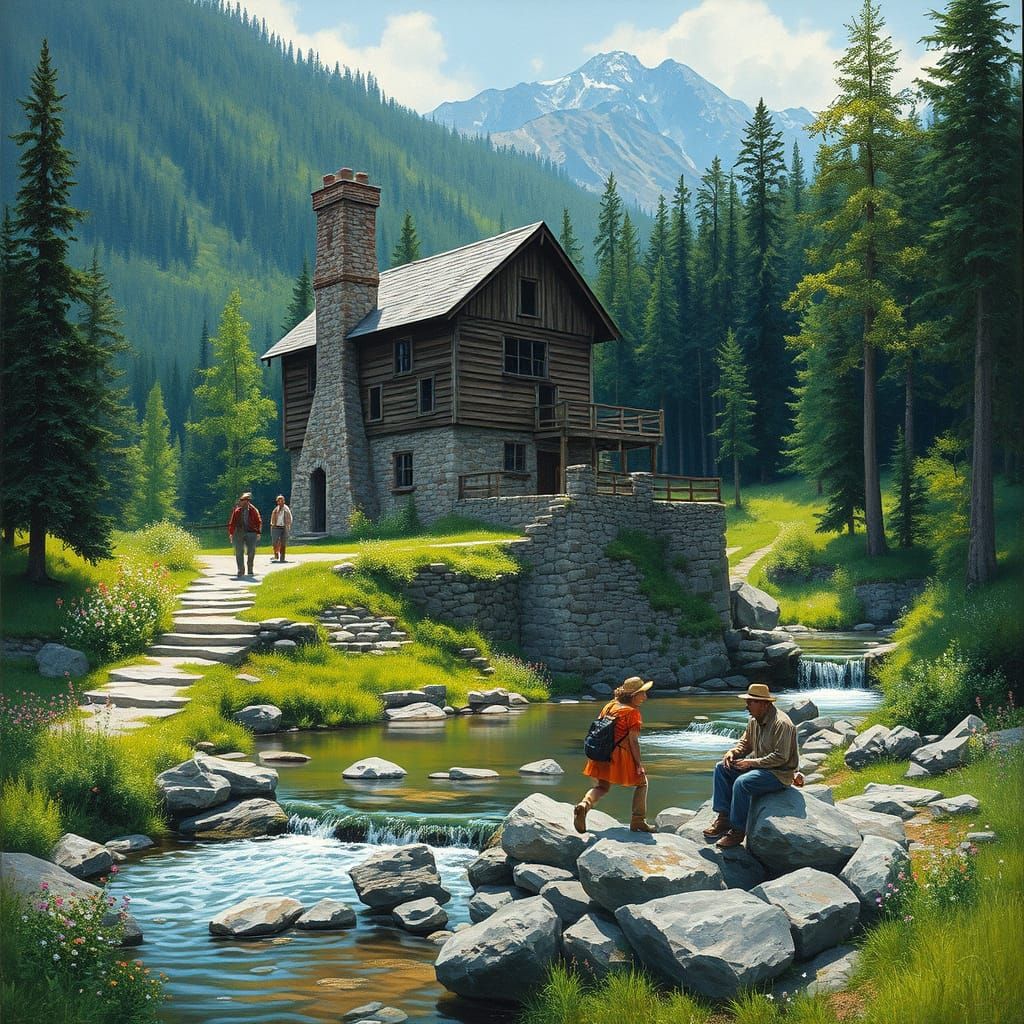 Idyllic Mountain Mill Scene in Bierstadt Style Oil Painting