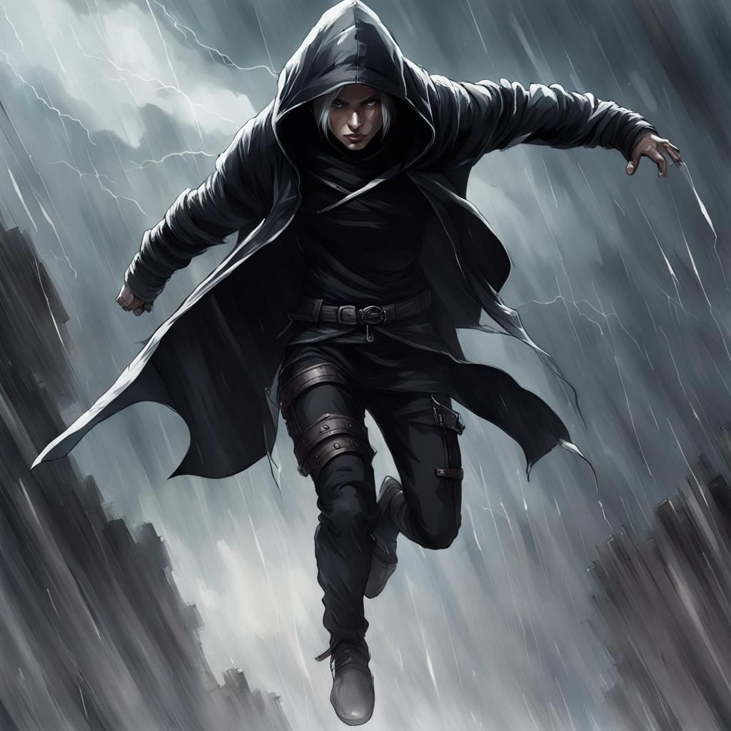 Assassin Soaring Through Stormy Sky in Digital Art