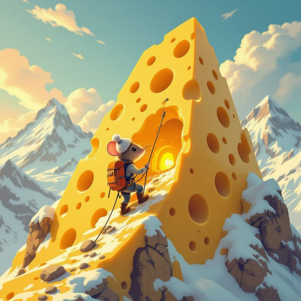 Mouse Climber Ascends Swiss Cheese Alps in Whimsical Style