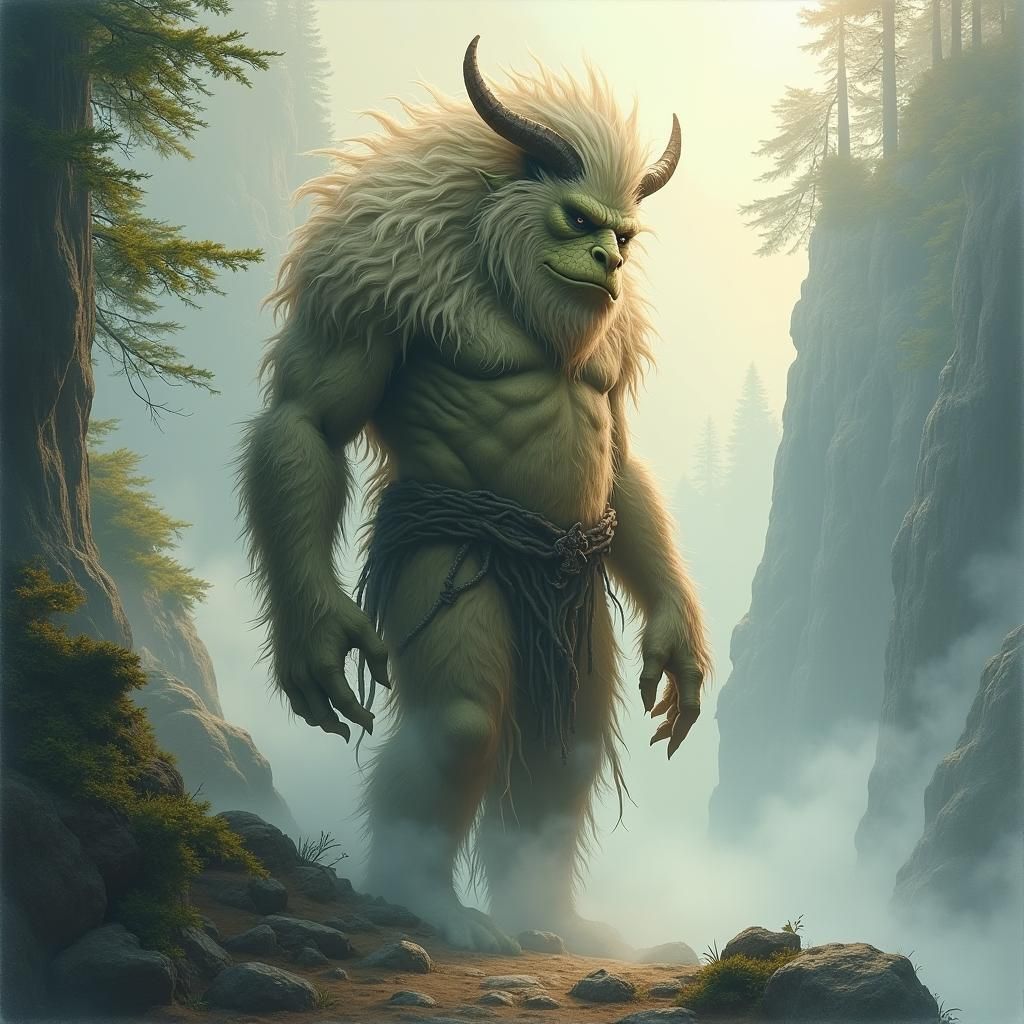 Mystical Mountain Troll in Ethereal Landscape
