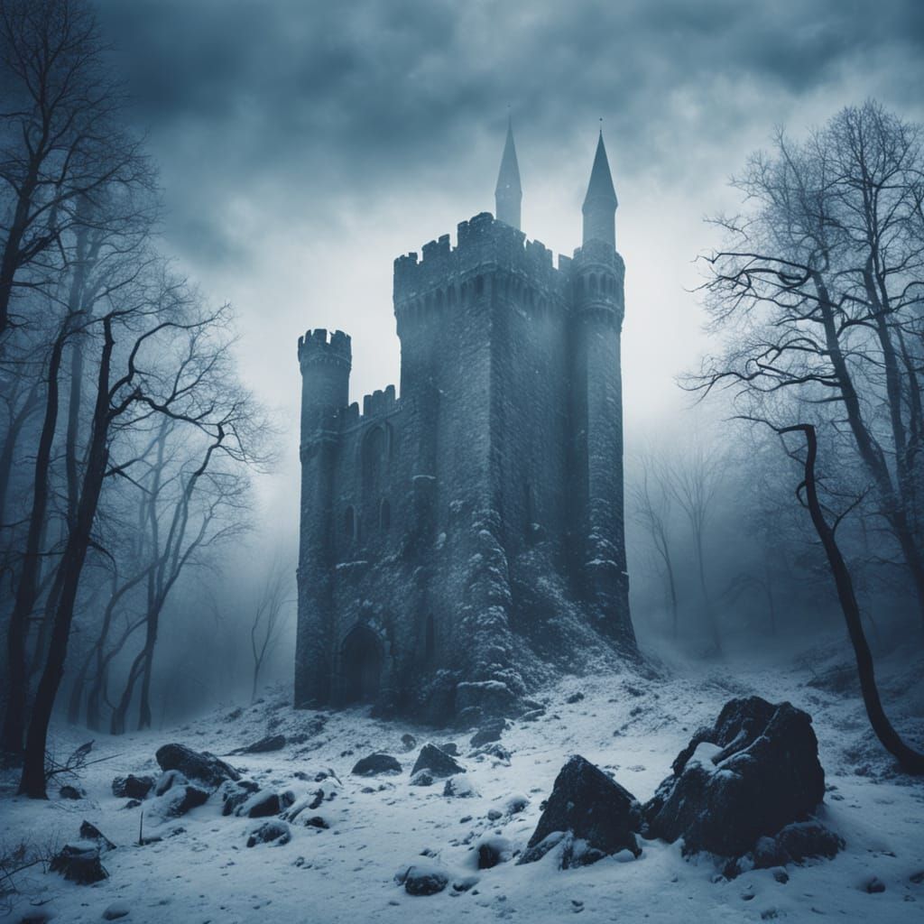 Gothic Castle Ruins in Snowy Forest