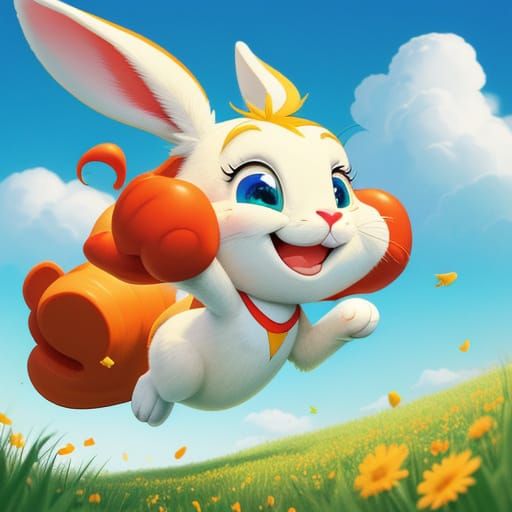 Vibrant Cartoon Rabbit in a Sunny Meadow