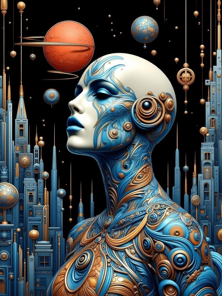 Steampunk Android in Art Deco Cityscape