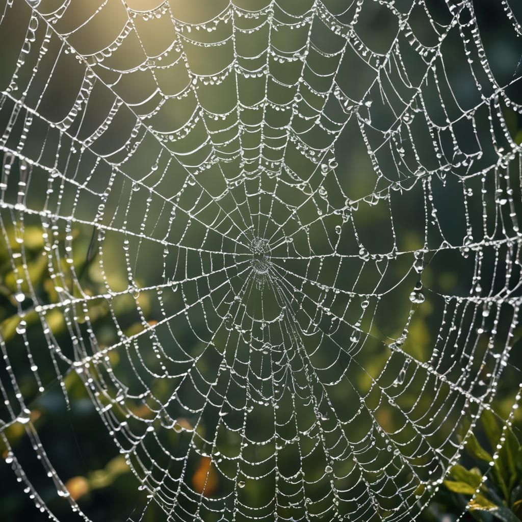 Dew-Covered Spider Web in Morning Light