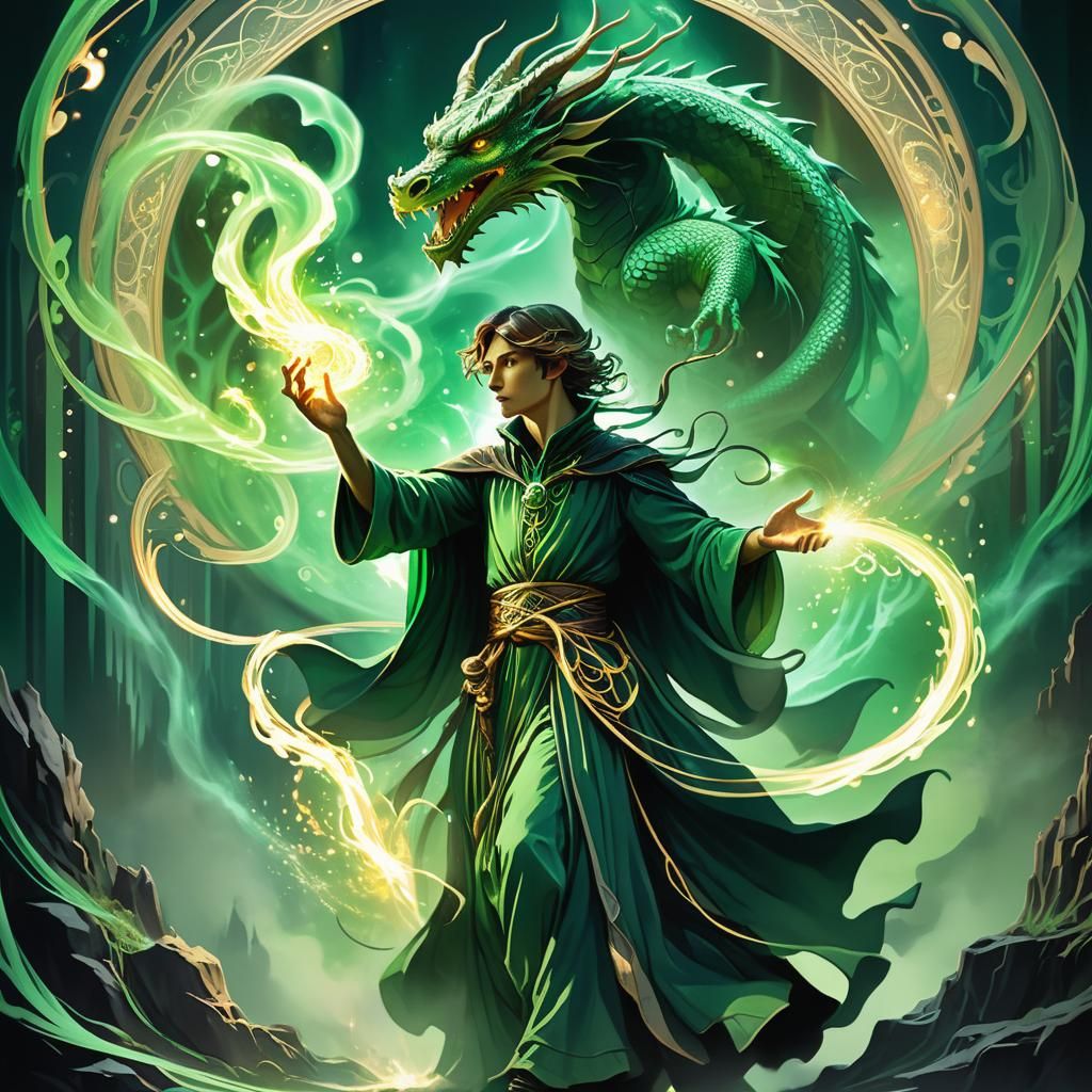 Mage Casting Spell with Dragon in Art Nouveau Style