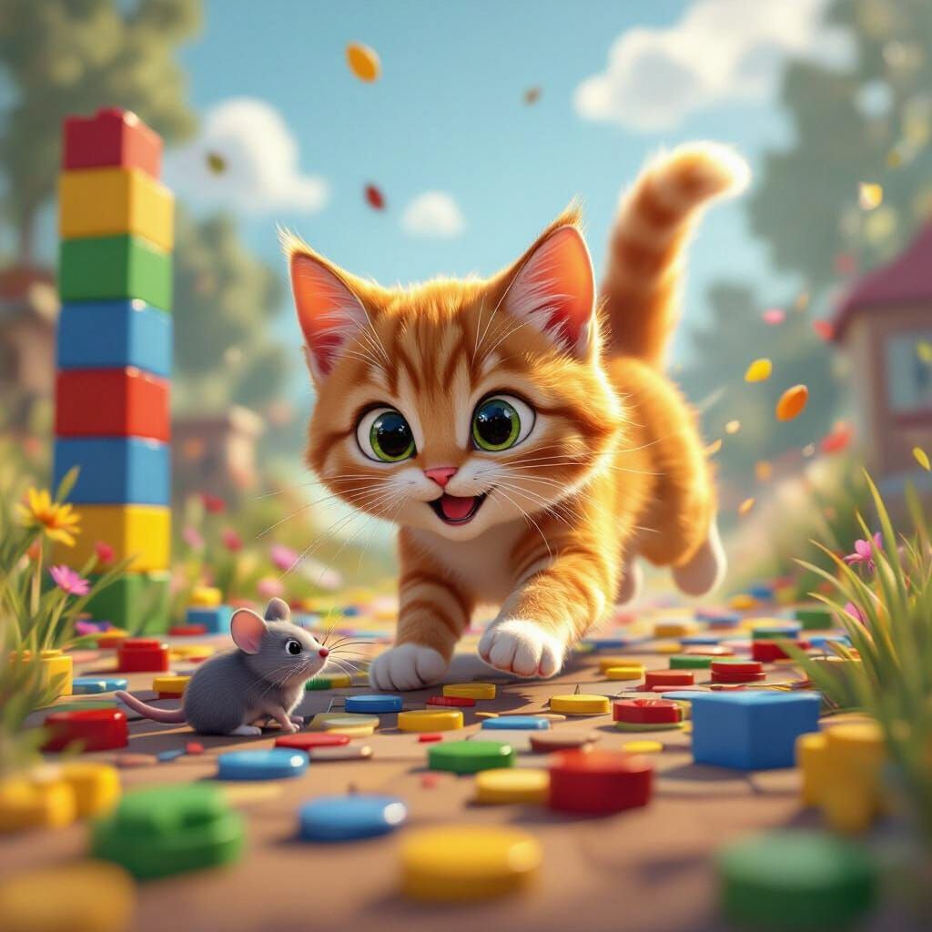 Playful Cat Chases Mouse Across Colorful Blocks in Cartoon S...
