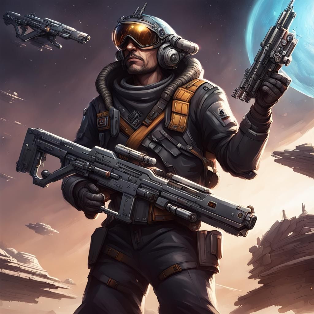 Futuristic Space Pirate and Heavily Armed Spaceship