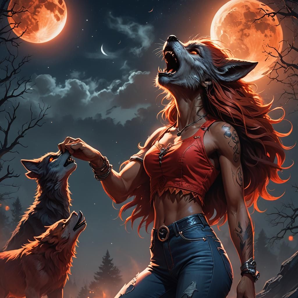 Teenage Werewolf Howling at Moon: Fantasy Digital Art