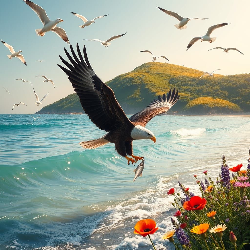 Majestic Eagle Dives into Turquoise Sea with Seagulls and Vi...