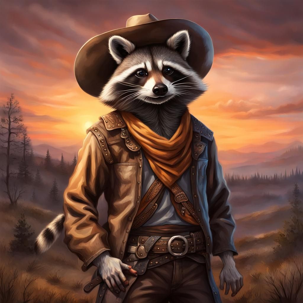 Raccoon Monk Cowboy in Sunset Wilderness
