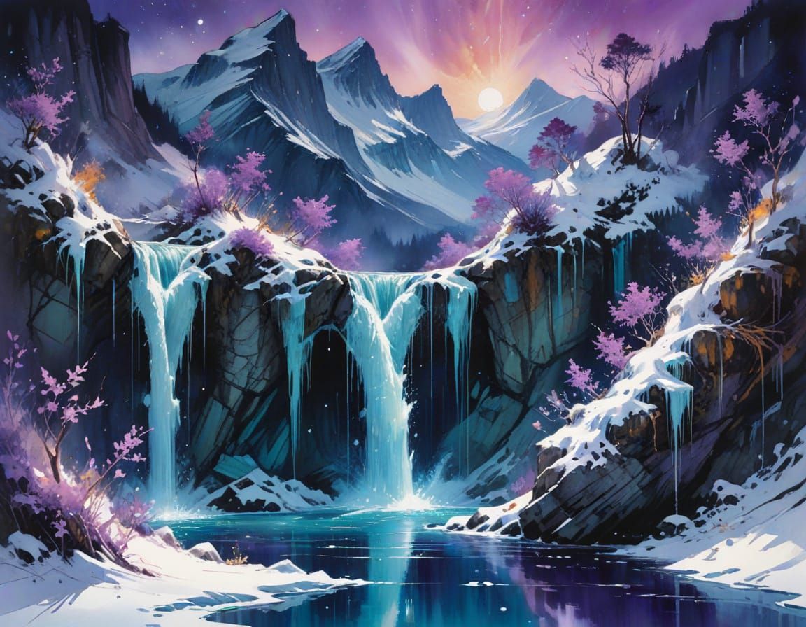 Twilight Gorge: Frozen Waterfall, Teal Pool, and Firefly Spi...