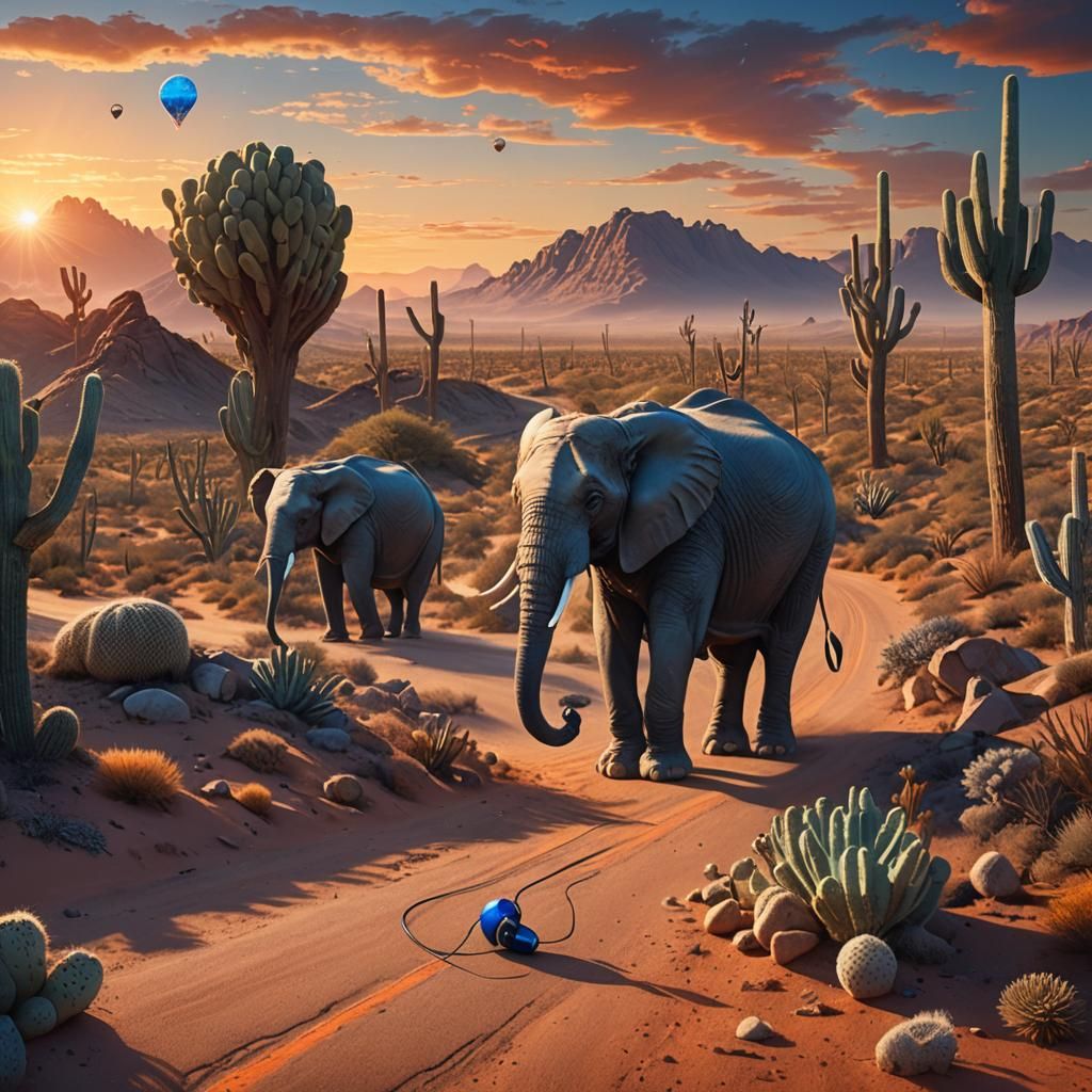 Elephant Earbuds on Desert Road: Fantasy Concept Art