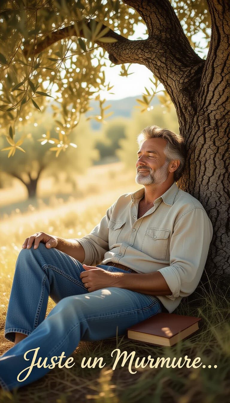 Golden Hour: Man Under Olive Tree, Impressionistic Style