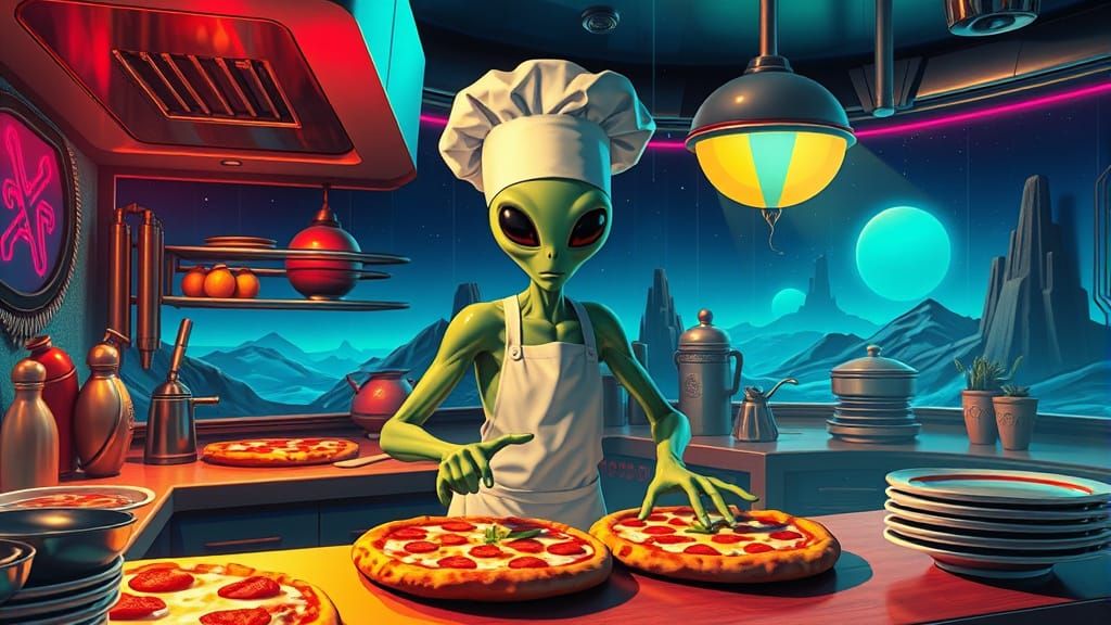 Alien Chef Baking Pizza in Surreal Kitchen