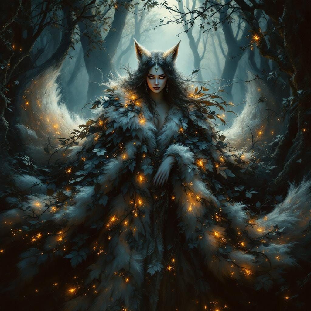 Baroque Lady in Fox Fur Amidst Enchanted Forest