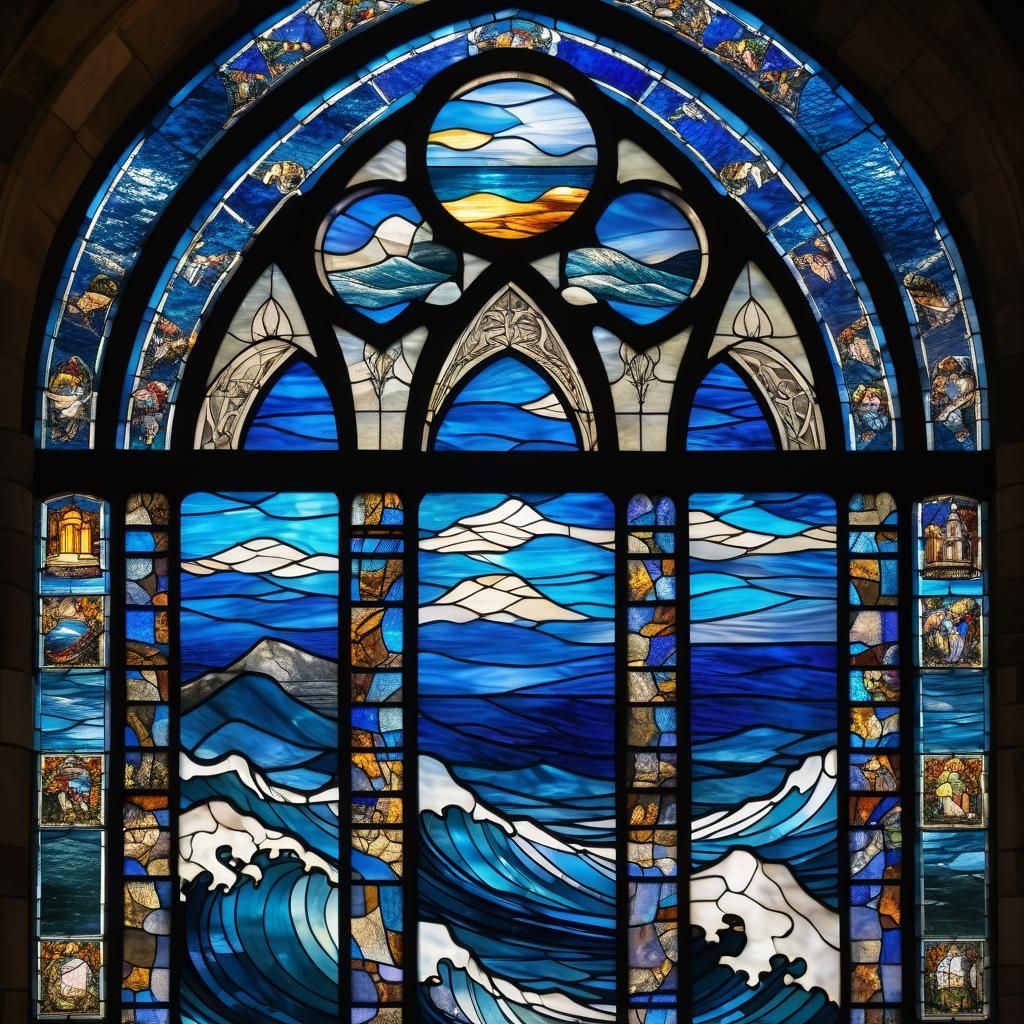 Stained Glass Great Wave in Gothic Arch