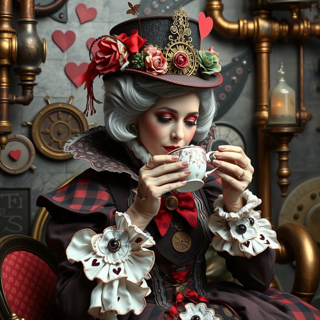 Steampunk Queen of Hearts Enjoys Whimsical Tea
