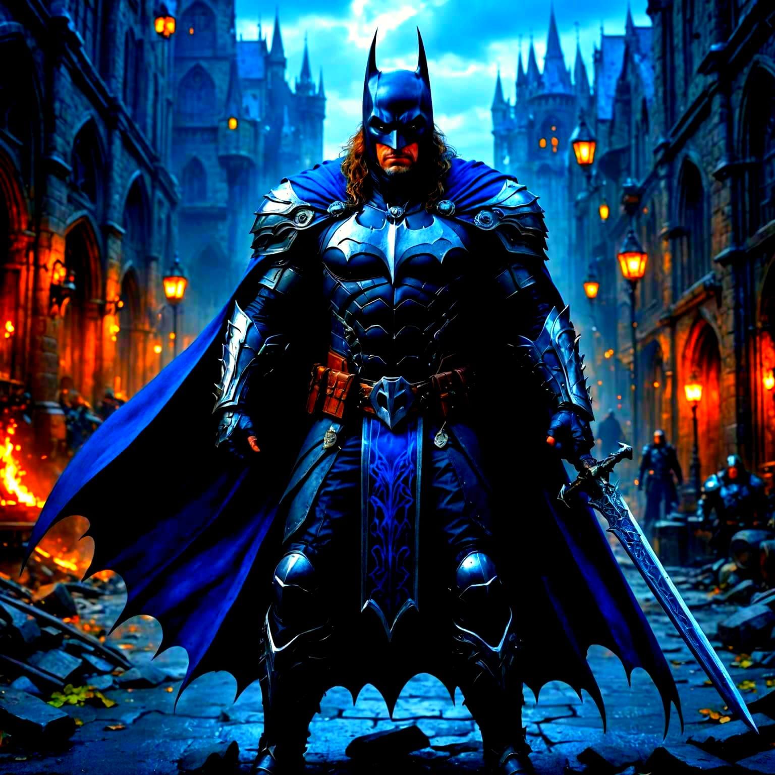 Gothic Knight Batman Emerging from Stormy Skies