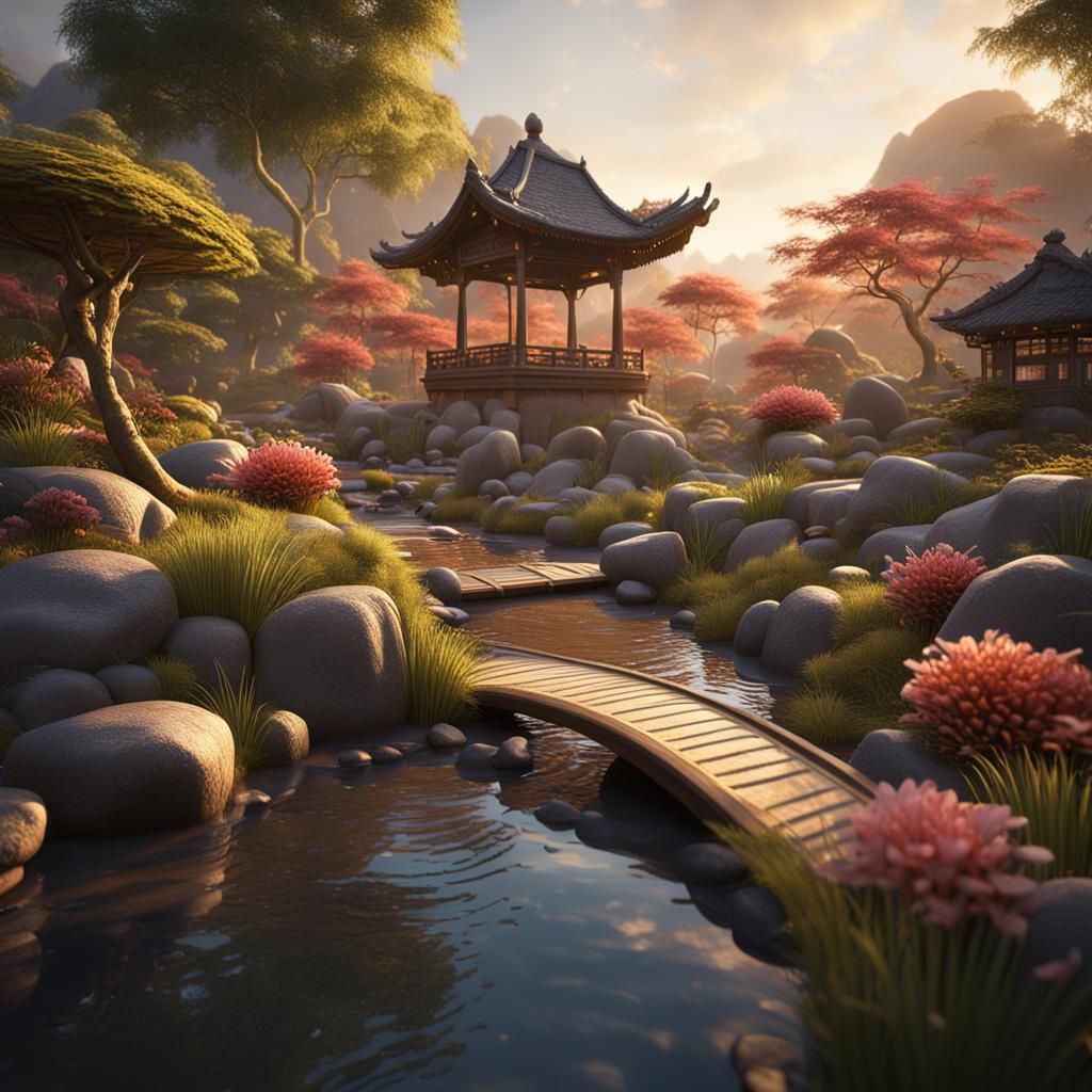 peaceful Zen garden with a gentle stream flowing through, captured during golden hour