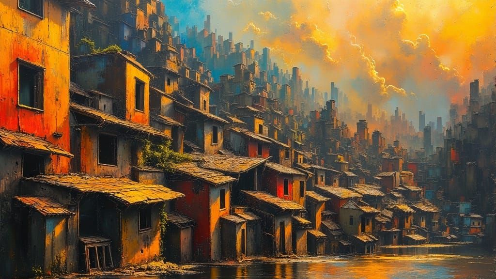 Old Chinese Town Beneath Modern City Oil Painting