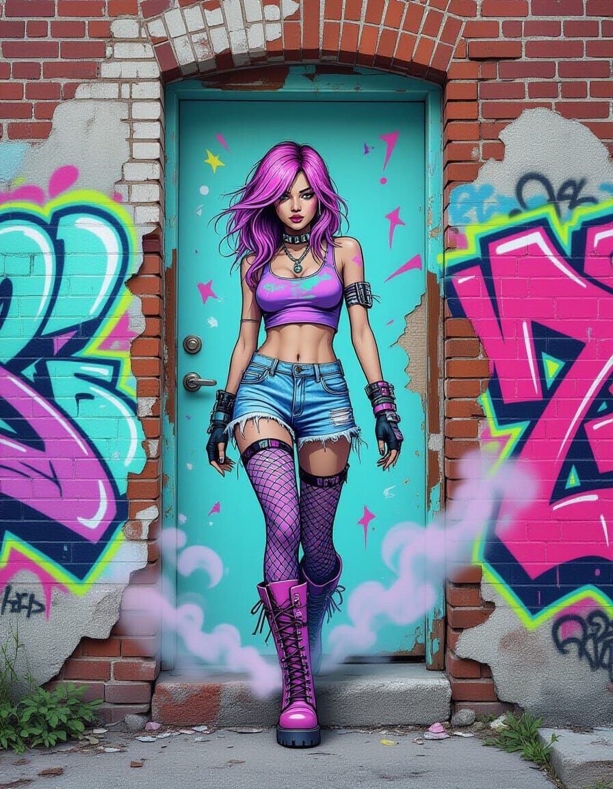 Graffiti Girl Emerges from Pastel Punk Mural