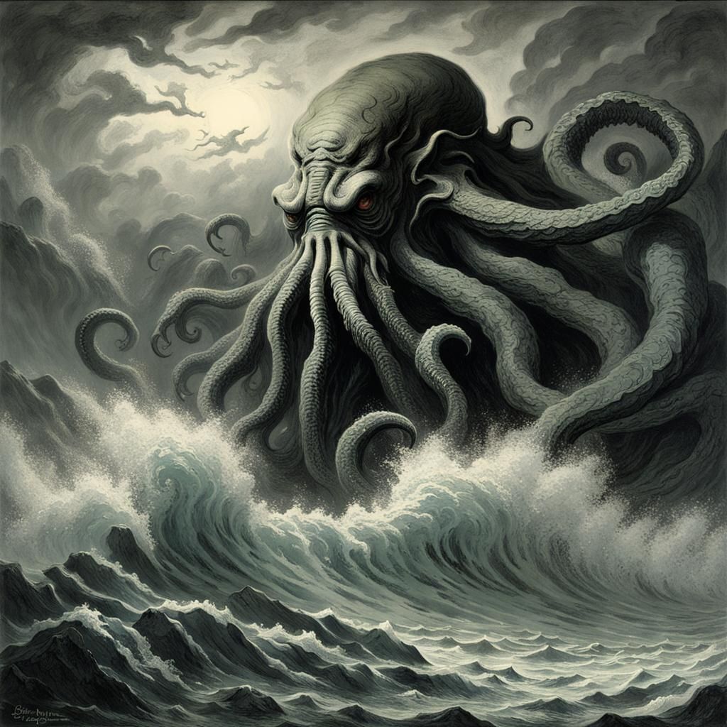 Cthulhu Emerges from Giant Waves in Horror Art