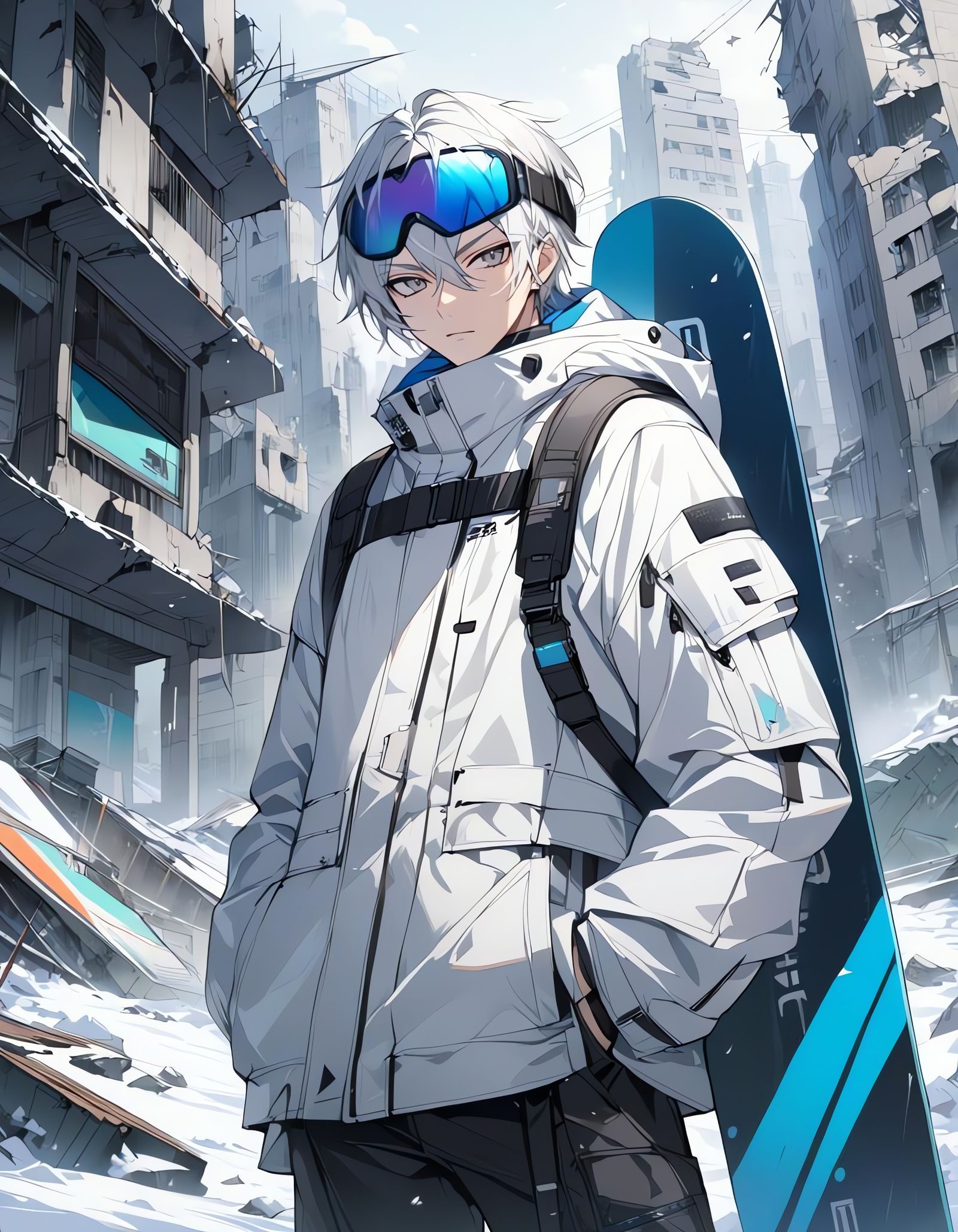 Futuristic Snowboarder in Ruins: A Techwear Bishounen