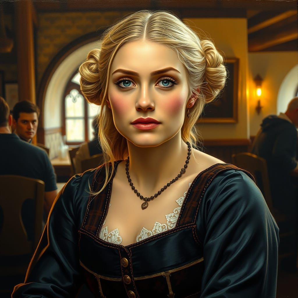 Renaissance Woman in Tavern, Oil Painting