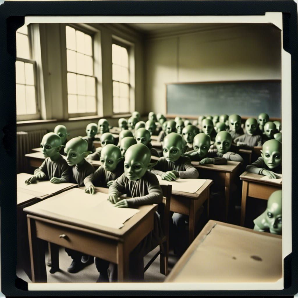 Vintage Polaroid of Alien Children in Classroom
